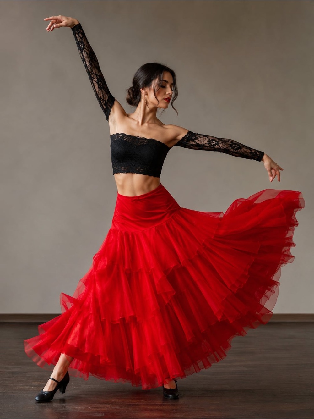 Nique Vibrant Red Tiered Tulle Maxi Skirt